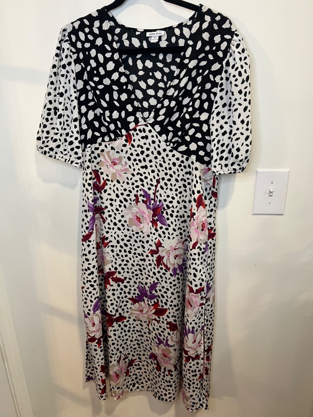 Neon Rose Mixed Print Dress M | Floral + Dalmatian Print Boho Mini Dress | Chic